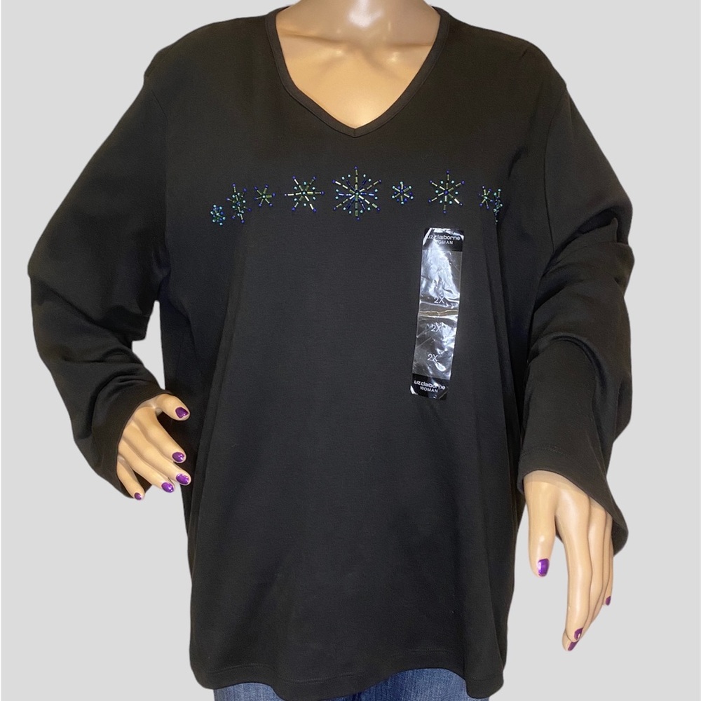 Liz Claiborne Woman Long Sleeved Tee Shirt Snowflakes Winter Sequins Size 2X NWT